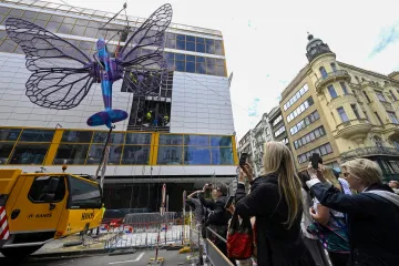 Oba několikametroví motýli už jsou na budově obchodního domu Máj