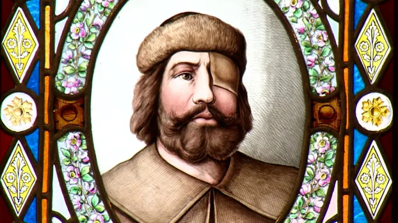 Vitráž s obrazem Jana Žižky od Jana Zachariáše Quasta