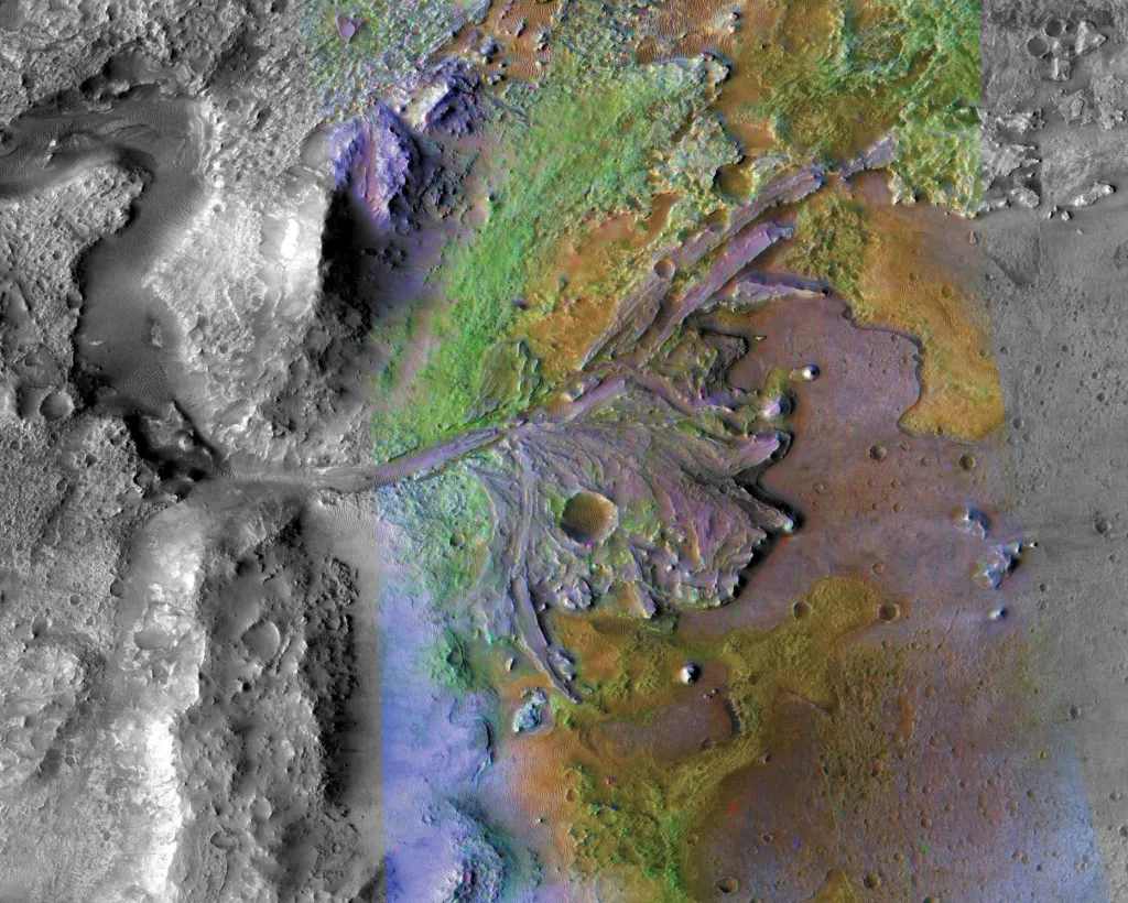 Delty tvořené vodou a sedimenty v kráteru Jezero na Marsu, který je jedním z potenciálních míst přistání pro Mars 2020 Rover