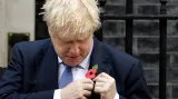 Britský premiér Boris Johnson si připíná na sako vlčí mák během vzpomínkové akce za padlé britské vojáky kousek od Downing Street v Londýně