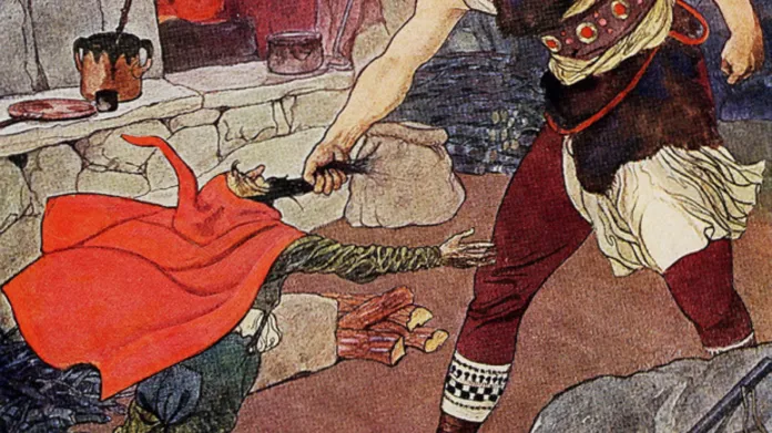 Malovaná ilustrace z roku 1913 k pohádce Neohrožený Mikeš od Boženy Němcové
