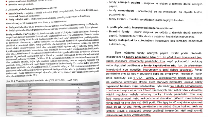 Diplomová práce ministra Metnara (vpravo) ve srovnání s knihou  Petra Musílka Trhy cenných papírů (vlevo)