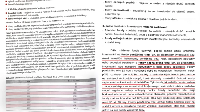 Diplomová práce ministra Metnara (vpravo) ve srovnání s knihou  Petra Musílka Trhy cenných papírů (vlevo)