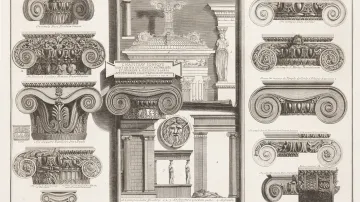 Giovanni Battista Piranesi, Různé římské iónské hlavice ve srovnání s řeckými příklady z Le Roye, 1761, lept z alba Della Magnificenza Ed Architettvra De' Romani (z výstavy Architektura v grafice 16.–18. století)