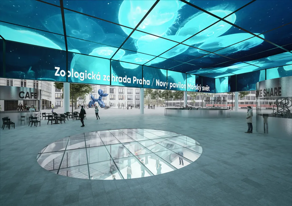 Vestibul metra HUB Holešovice. Záměrem návrhu bylo vytvořit atraktivní přestupní terminál s dobrým napojením na sousední náměstí