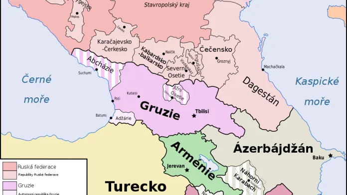 Politická mapa Kavkazu (stav před dohodou o Karabachu)
