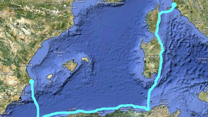 Trasa, po které chce Albert Fikáček plout z Itálie do Španělska