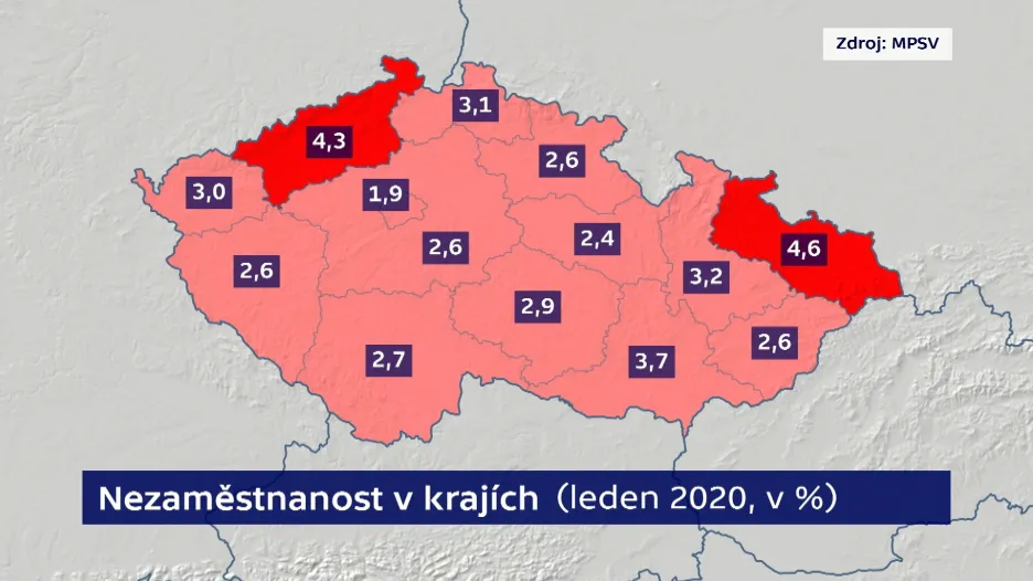 Nezaměstnanost v krajích v lednu 2020