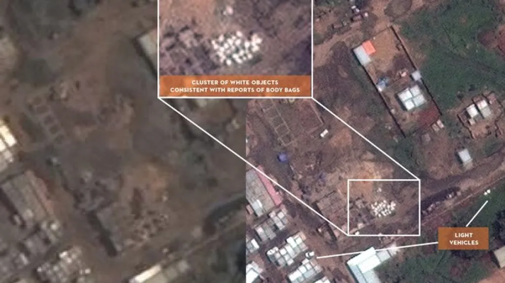 Satelitní snímek masových hrobů v súdánském Kadugli