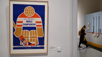 Plakát k Mistrovství světa v hokeji v roce 1959 od Jaroslava Skrbka