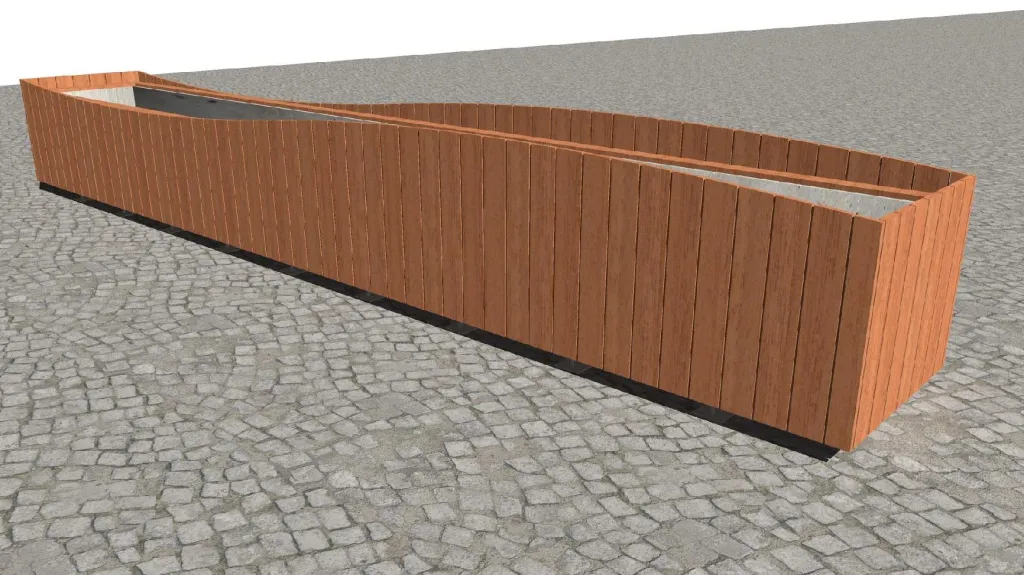 Vizualizace květináče obloženého dřevem