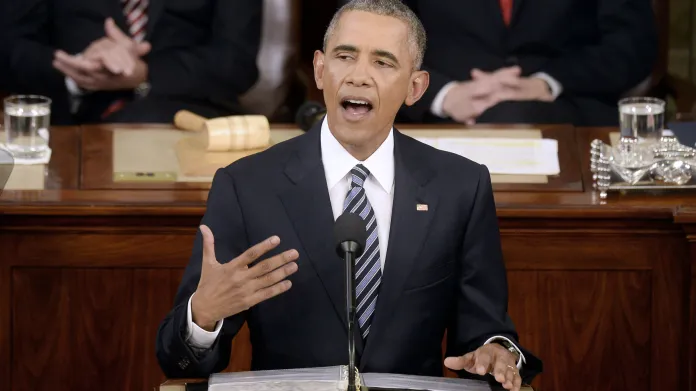 Barack Obama při projevu o stavu unie v lednu 2016