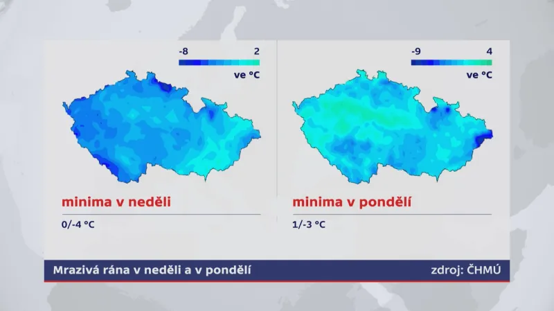 Minimální teploty v neděli a v pondělí