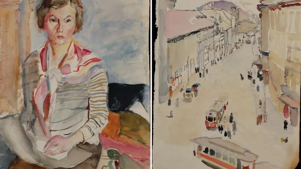 Obrazy Gertrud Kauders: autoportrét (kolem 1930) a Hybernská ulice v Praze (1918)