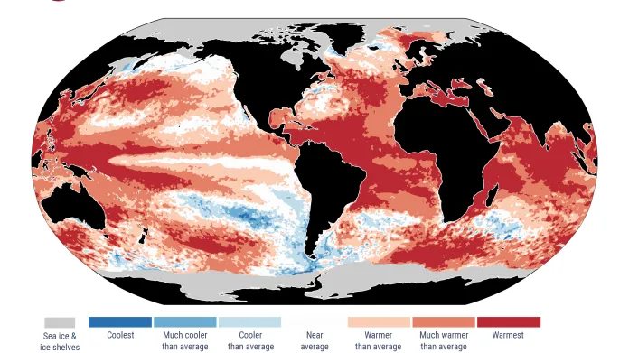 Teplotní anomálie mořské vody během roku 2024