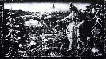 Fotografie plastického obrazu Pradědovy říše, který byl zničen při požáru chaty na vrcholu nejvyšší moravskoslezské hory Pradědu. Jedno z nejstarších lidových zobrazení Jeseníku