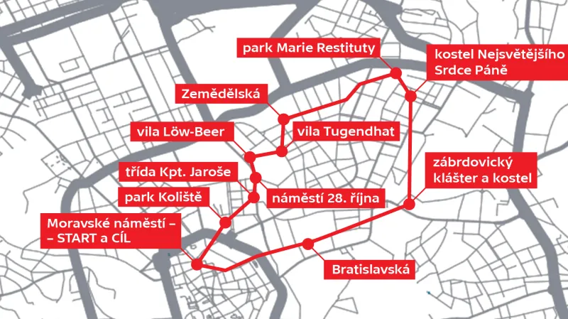 Zaběhni si brněnské památky – přes vilu Tugendhat k Cejlu 10 km – místa, přes která vede trasa