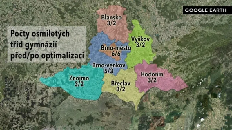 Počty osmiletých tříd gymnázií před a po navržené optimalizaci