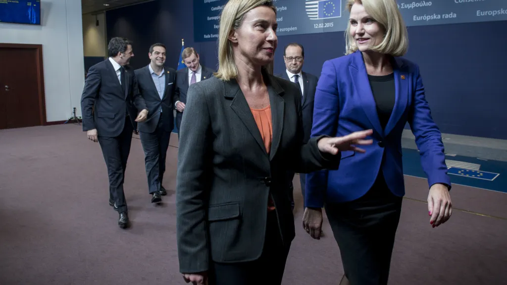 Evropská ministryně zahraničí Mogheriniová a dánská premiérka Thorning-Schmidtová na summitu EU