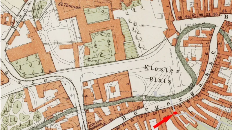 Historická mapa Brna s vyznačením nálezu