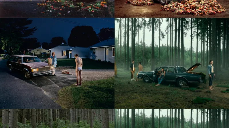 Vlevo je práce Gregoryho Crewdsona z let 2002 a 2013, vpravo práce Martina Stranky z let 2018 a 2021