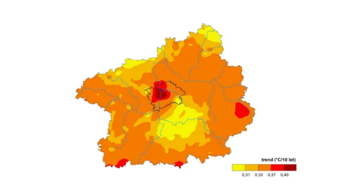 Změny minimální teploty v Praze a ve Středočeském kraji ukazuje odchylku nočních teplot v centru Prahy vlivem zesilujícího tepelného ostrova