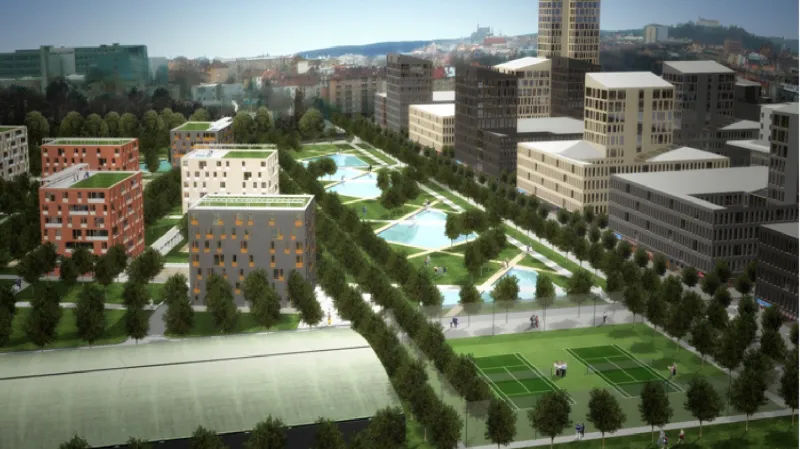 Vizualizace projektu Czechcity - letecký pohled ze severní strany