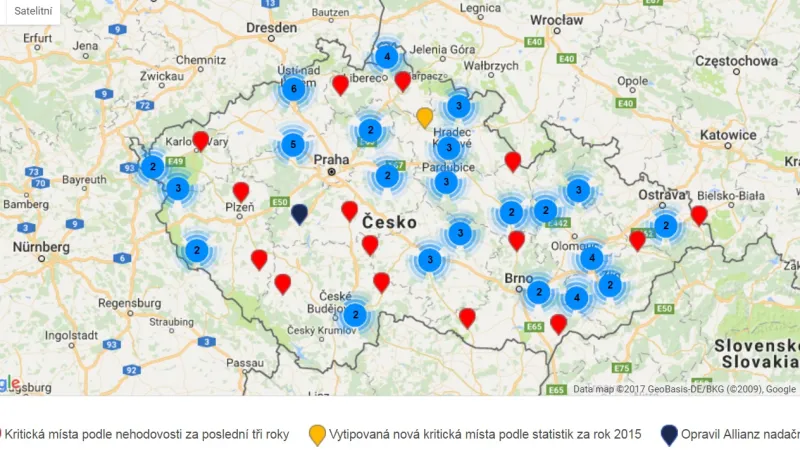 Allianz Automapa zobrazuje místa, kde se nejčastěji stávají nehody s vážnými následky