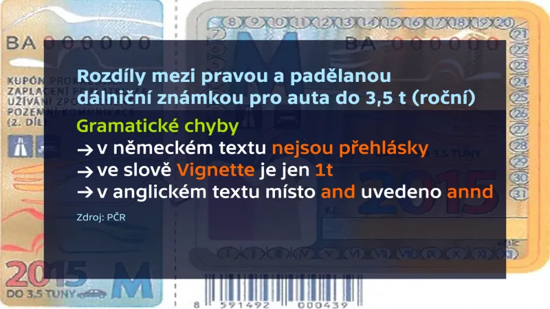 Rozdíly mezi pravou a padělanou dálniční známkou - gramatické chyby