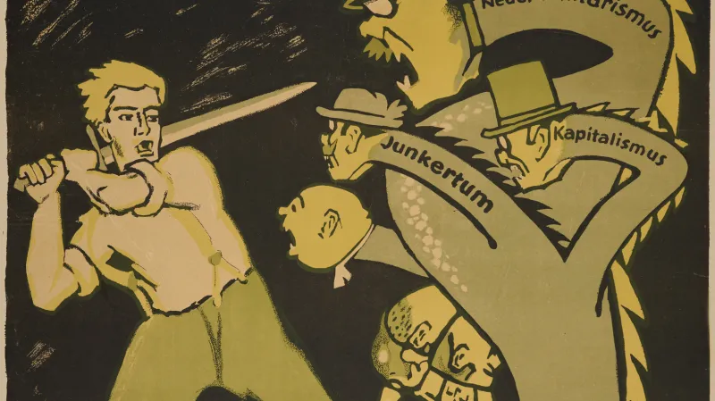 Co chce Spartakus? Propagandistický plakát slibuje porážku nového militarismu, kapitalismu a junkerství