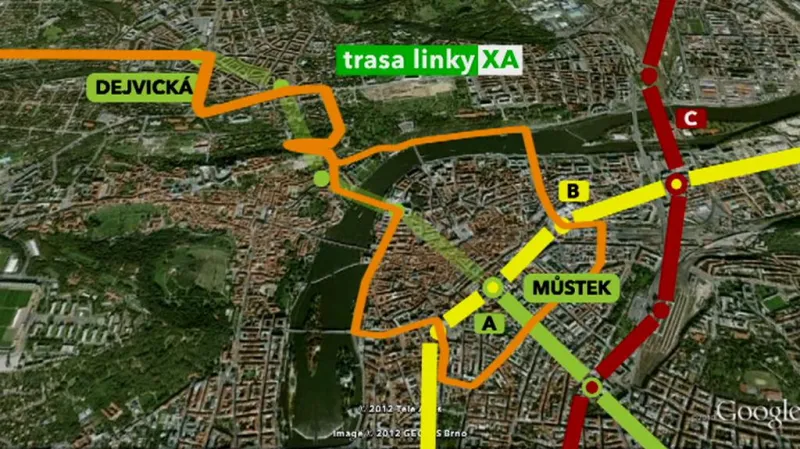 Výluka metra a náhradní linky. Oranžově trasa náhradních linek X-A a 25.