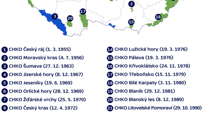 Chráněné krajinné oblasti v Česku podle data založení