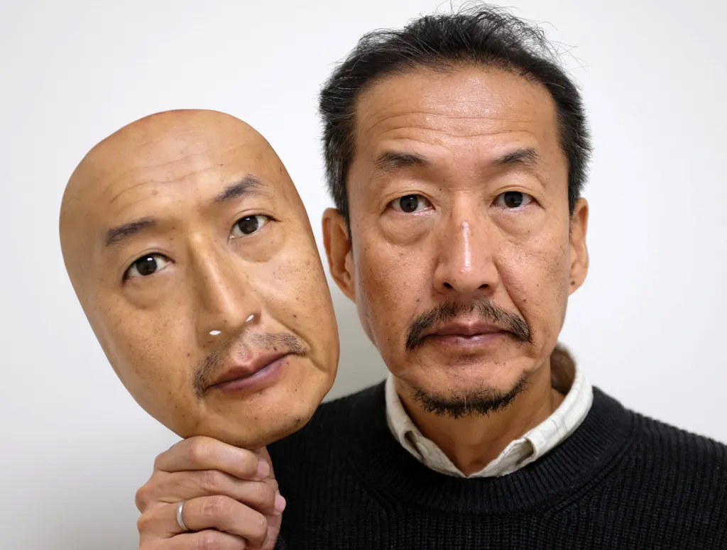 Prezident firmy REAL-f Osamu Kitagawa představuje superrealistickou masku z výroby v jeho továrně ve městě Otsu v západním Japonsku