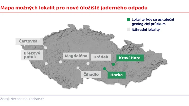 Mapa možných lokalit pro nové úložiště jaderného odpadu