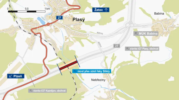 Znázornění obchvatu a mostu u Plas na Plzeňsku