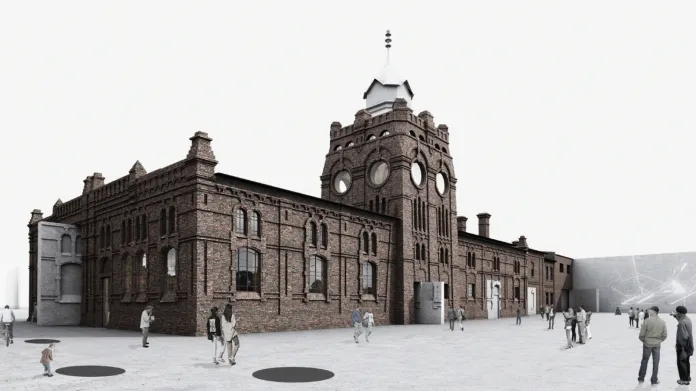 Původní návrh podoby jatek polského studia KWK Promes Katovice s bílou věží, která už v novém projektu není