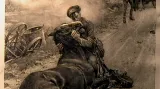 Voják s umírajícím koněm na výstavě v domě Woodrowa Wilsona