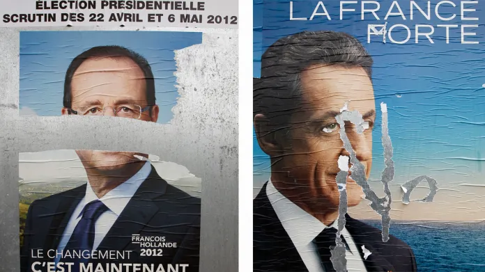 Poškozené plakáty Hollanda a Sarkozyho