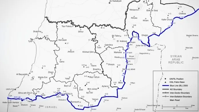 Demarkační (takzvaná modrá linie) oddělující Izrael od Libanonu