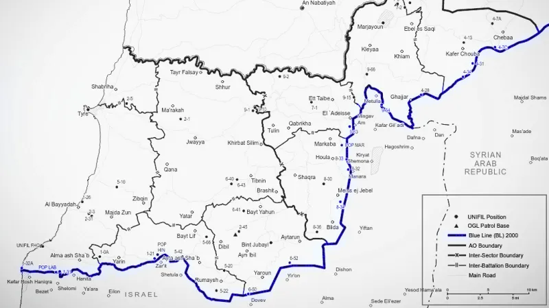 Demarkační (takzvaná modrá linie) oddělující Izrael od Libanonu