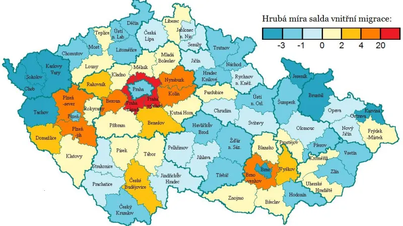 Průměrné meziokresní migrační saldo v letech 2000-2009