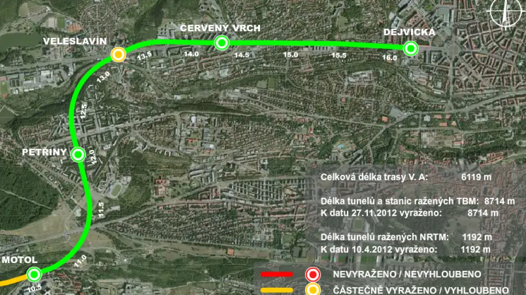 Mapa prodloužené trasy metra A
