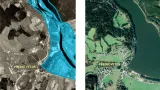 Letecký pohled na původní podobu obce Přední Výtoň a nákres dosahu zatopení (vlevo) a dnešní podoba břehů přehrady na tomtéž místě (vpravo)