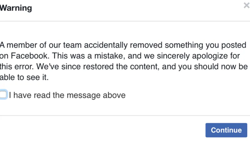 Oznámení Facebooku o smazaném příspěvku