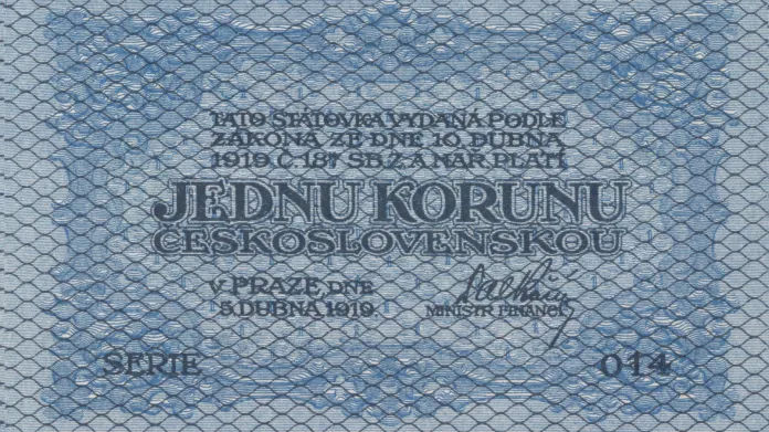 Státovka v hodnotě jedné koruny československé z dubna 1919 (líc). První československá korunová státovka.
