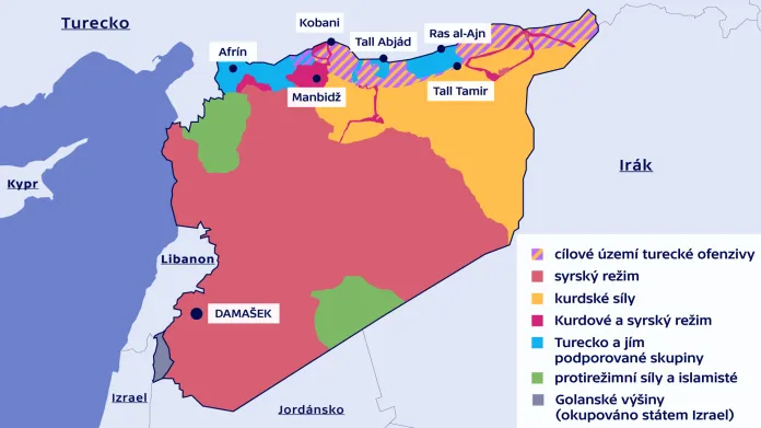 Rozložení sil v Sýrii – říjen 2019. Idlib v zeleném území na severozápadě.