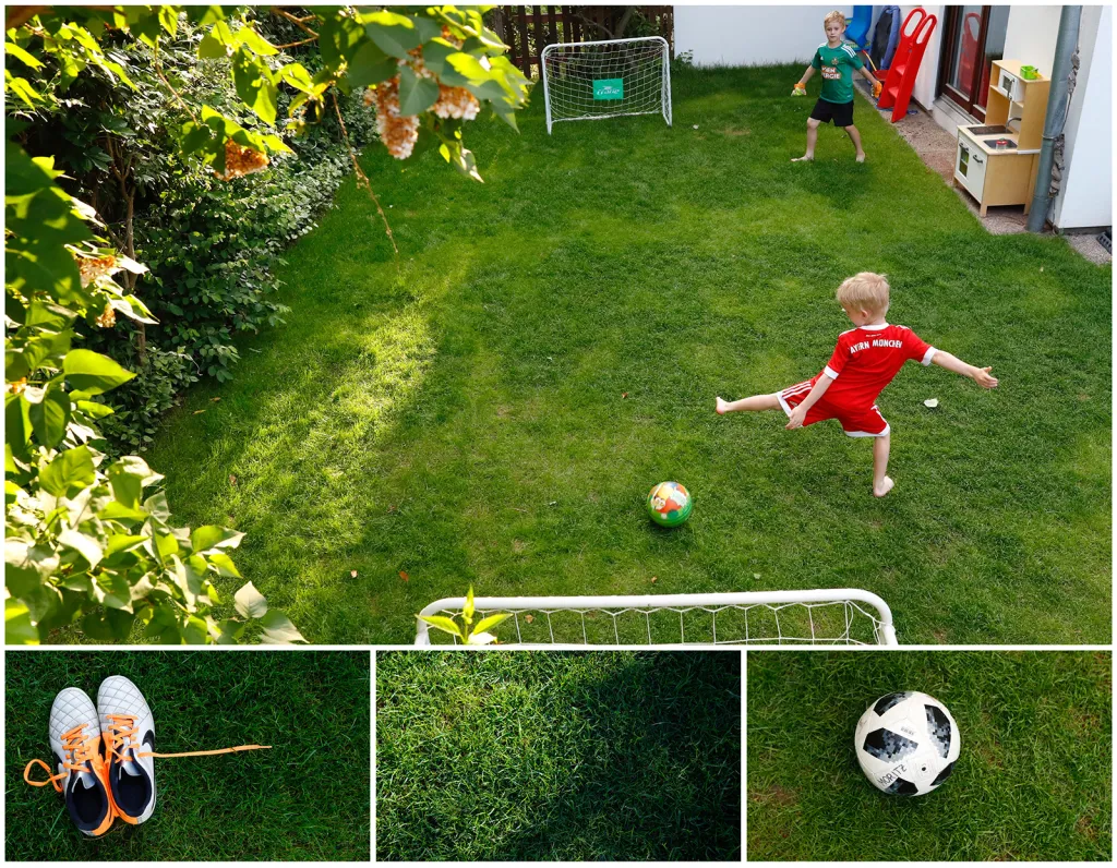 Chlapci u fotbalu na provizorním hřišti v soukromé zahradě ve Vídni
