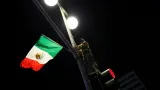 Protestující mává vlajkou nad semaforem v Los Angeles