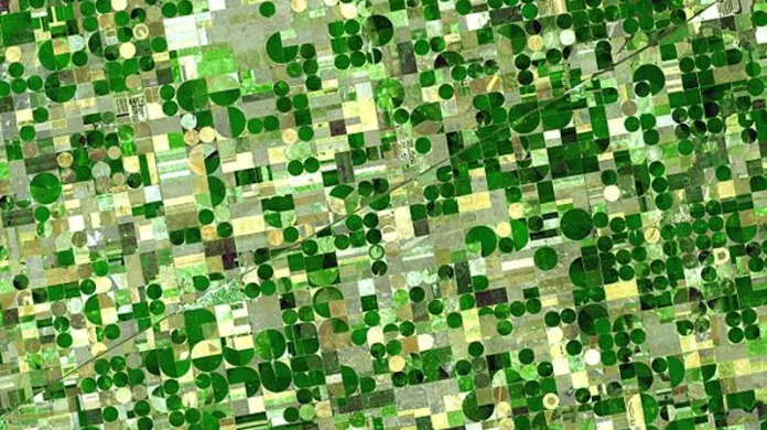 Satelitní snímek kruhových polí v USA