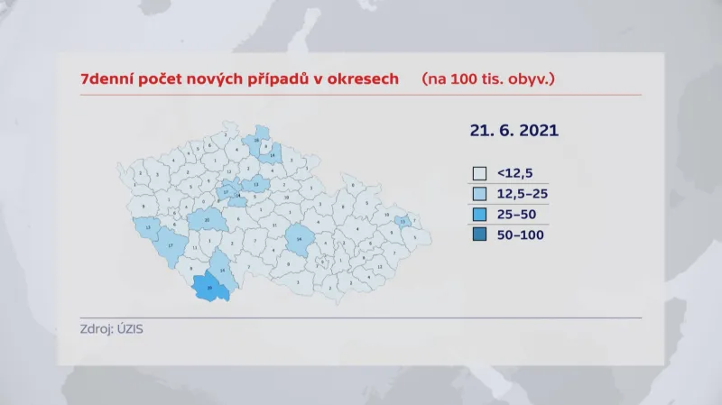 Sedmidenní počet nových případů v okresech